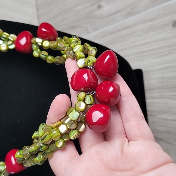 Chunky Multi Strand Beaded Statement Necklace Red Green Boho Layered Fashion - Picture 2 of 5